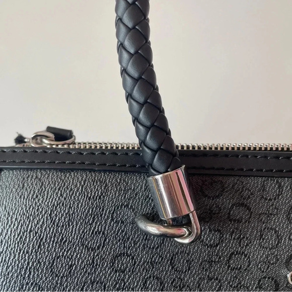 GUESS Monogram Logo Black Braided Handle Handbag Bag Satchel Purse - Picture 9 of 16